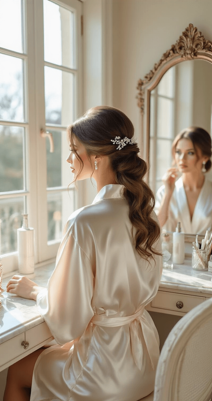 A bride in a silk robe sits at an elegant vanity in a sun-drenched bridal suite, her hair being styled into a classic low bun with pearl pins, illuminated by natural morning light that casts a soft glow, with professional styling tools and crystal hair accessories on the marble vanity, captured from a 45-degree angle focusing on her reflection in the ornate mirror.