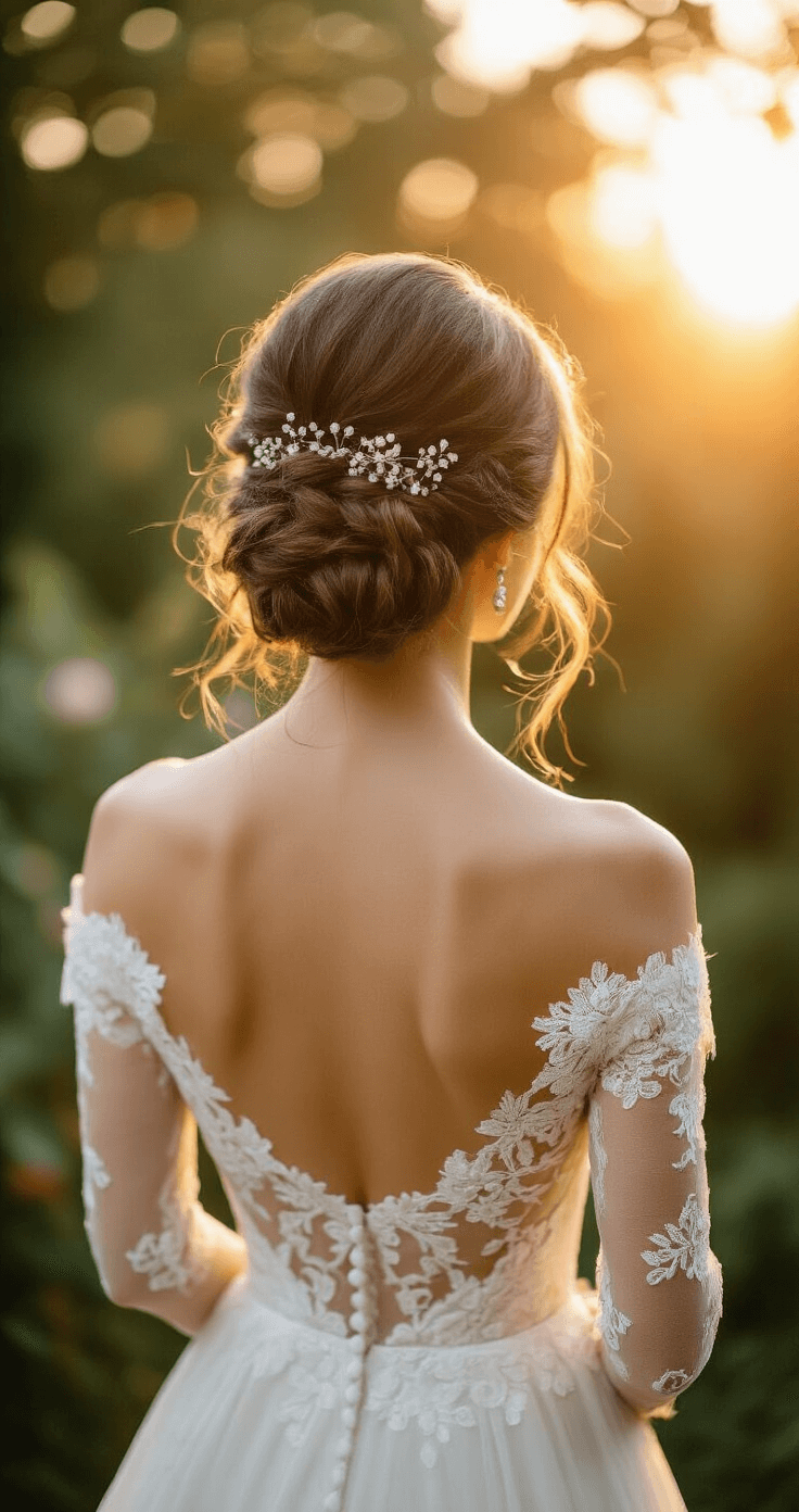 Bride in a lace off-shoulder gown with a chignon updo adorned with baby's breath, captured from behind in a golden hour garden terrace, warm light creating a halo effect and highlighting vintage hairpins.