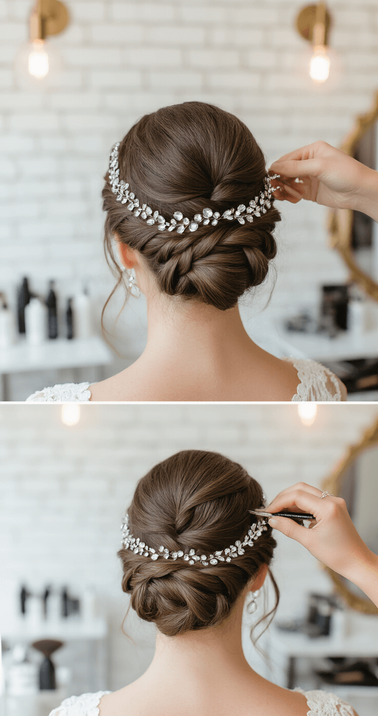 A bright bridal boutique features white brick walls and brass accents, showcasing a close-up of an intricate braided updo being styled into a twist bun adorned with sparkling crystal accessories, with hair tools and products arranged artistically in the background.
