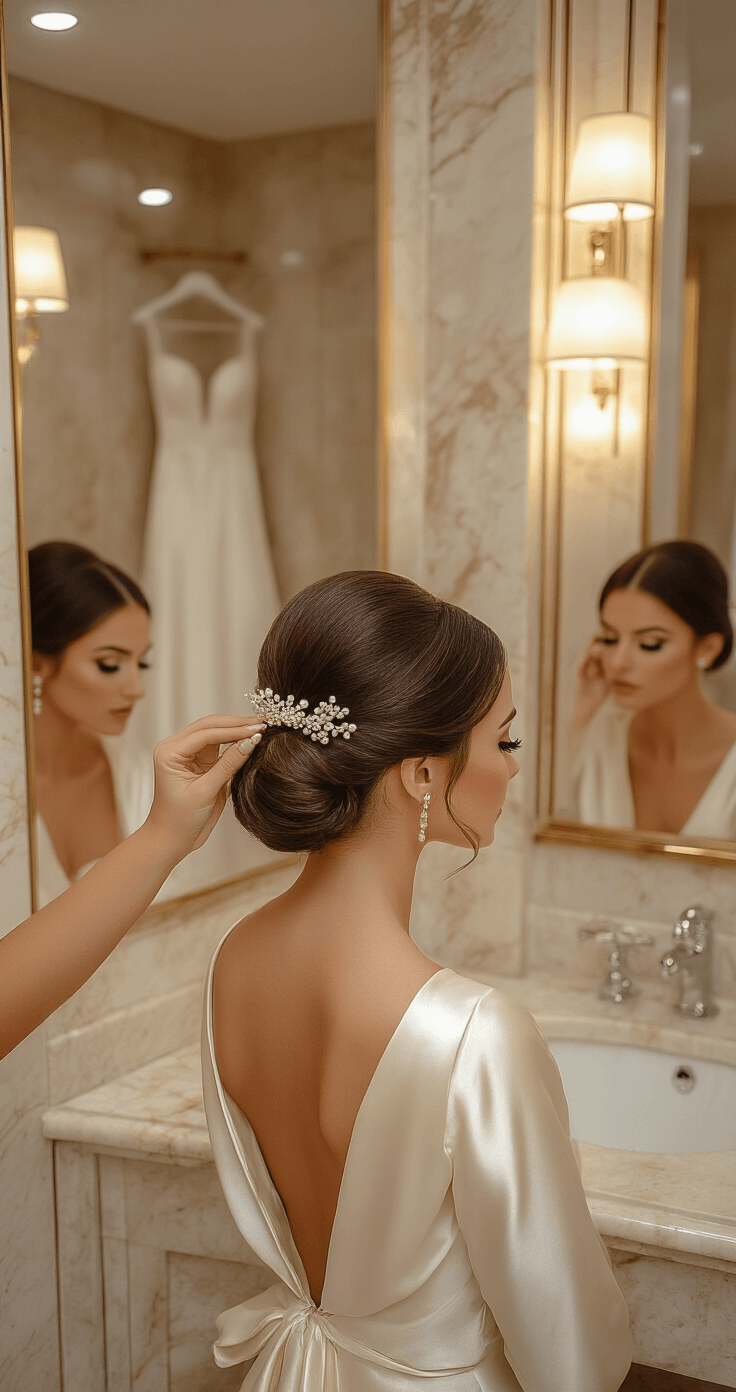 A luxurious hotel suite bathroom featuring marble surfaces and champagne-colored lighting, showcasing a bride with a formal structured updo adorned with pearl-tipped pins. Her off-white silk dress hangs in the background, while her reflection is visible in multiple mirrors, with professional lighting accentuating her hairstyle's sleek finish.