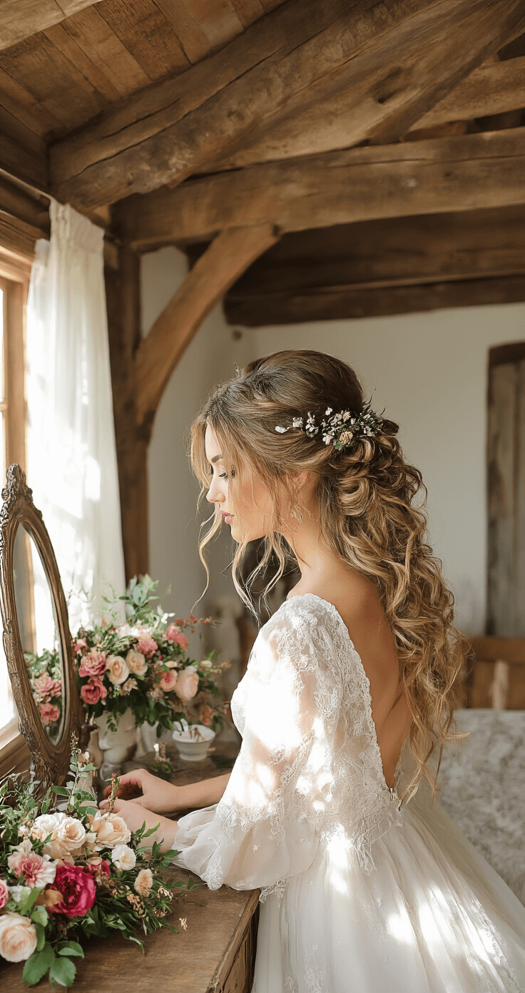 A bride with loose curls is having her hair styled into a textured updo in a rustic-chic space with exposed beams and vintage furniture, while a floral crown and bohemian accessories rest on an antique dressing table, illuminated by natural light streaming through lace curtains.