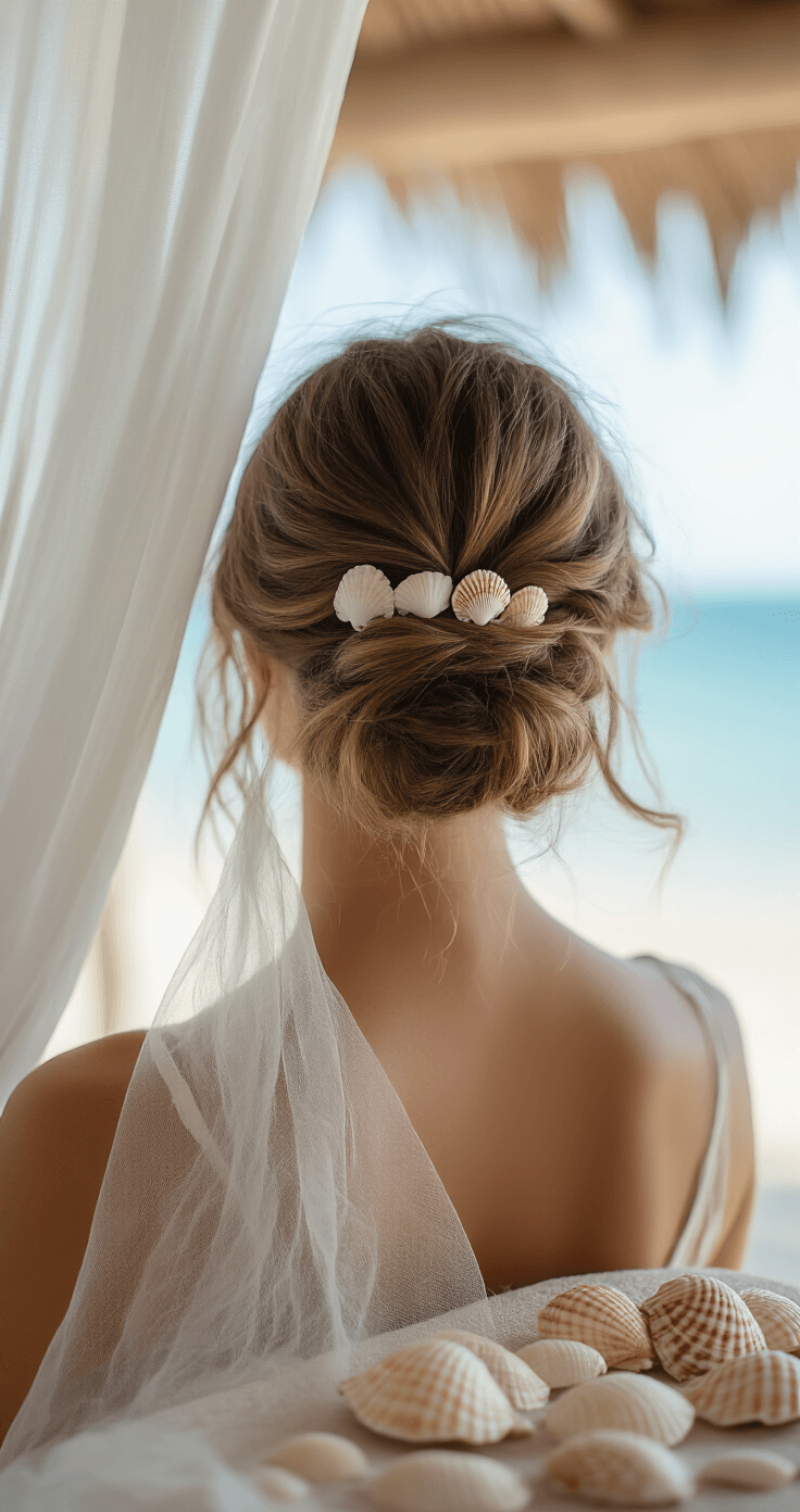 Close-up of a relaxed updo adorned with seashell pins, set in a beachfront villa's airy preparation room with billowing white curtains and coastal-inspired hair accessories nearby.