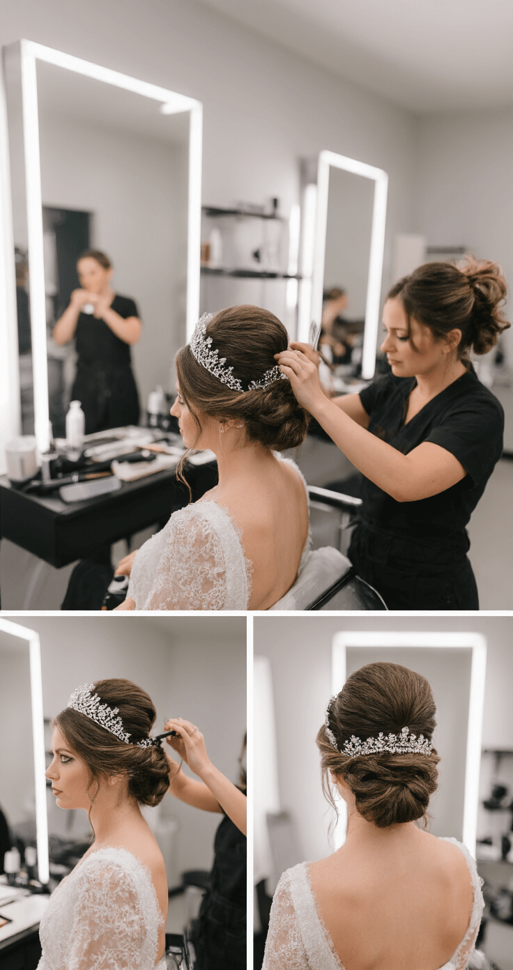 A hairstylist crafting a tiara-adorned updo in a minimalist bridal salon, surrounded by professional tools, with large mirrors and ring lights illuminating the scene.