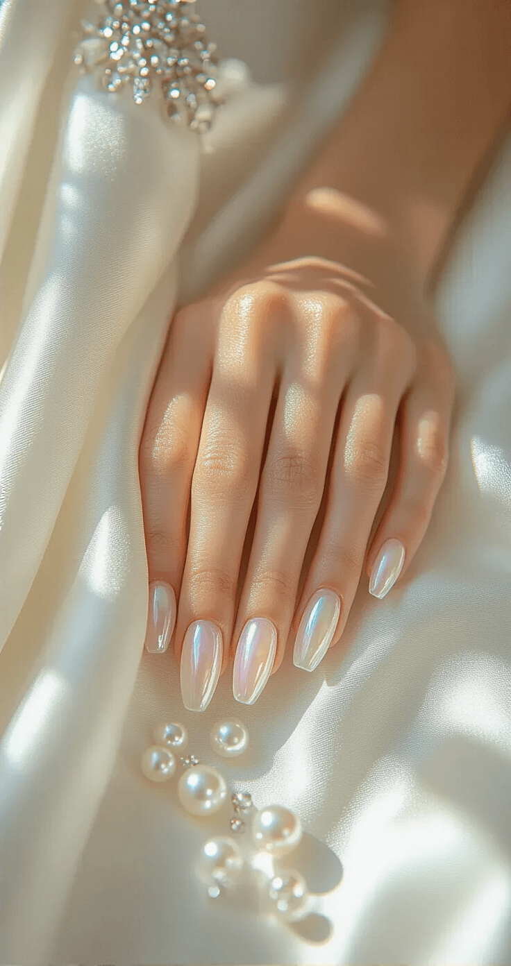 Close-up of a bride's manicured hands on white silk, showcasing glass-effect nails with a pearlescent finish, illuminated by natural light, surrounded by tiny pearls and crystal embellishments, captured with macro lens for dreamy bokeh.