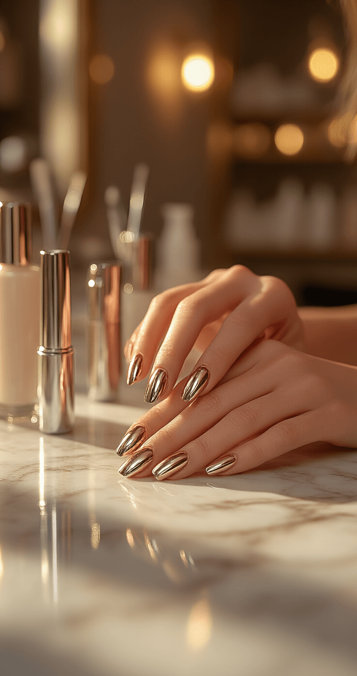 A high-end salon scene during golden hour, featuring elegantly positioned hands on a marble counter showcasing rose gold to platinum chrome metallic nails. Professional lighting highlights the manicure's reflective finish, with luxury nail products and salon tools in the blurred background.