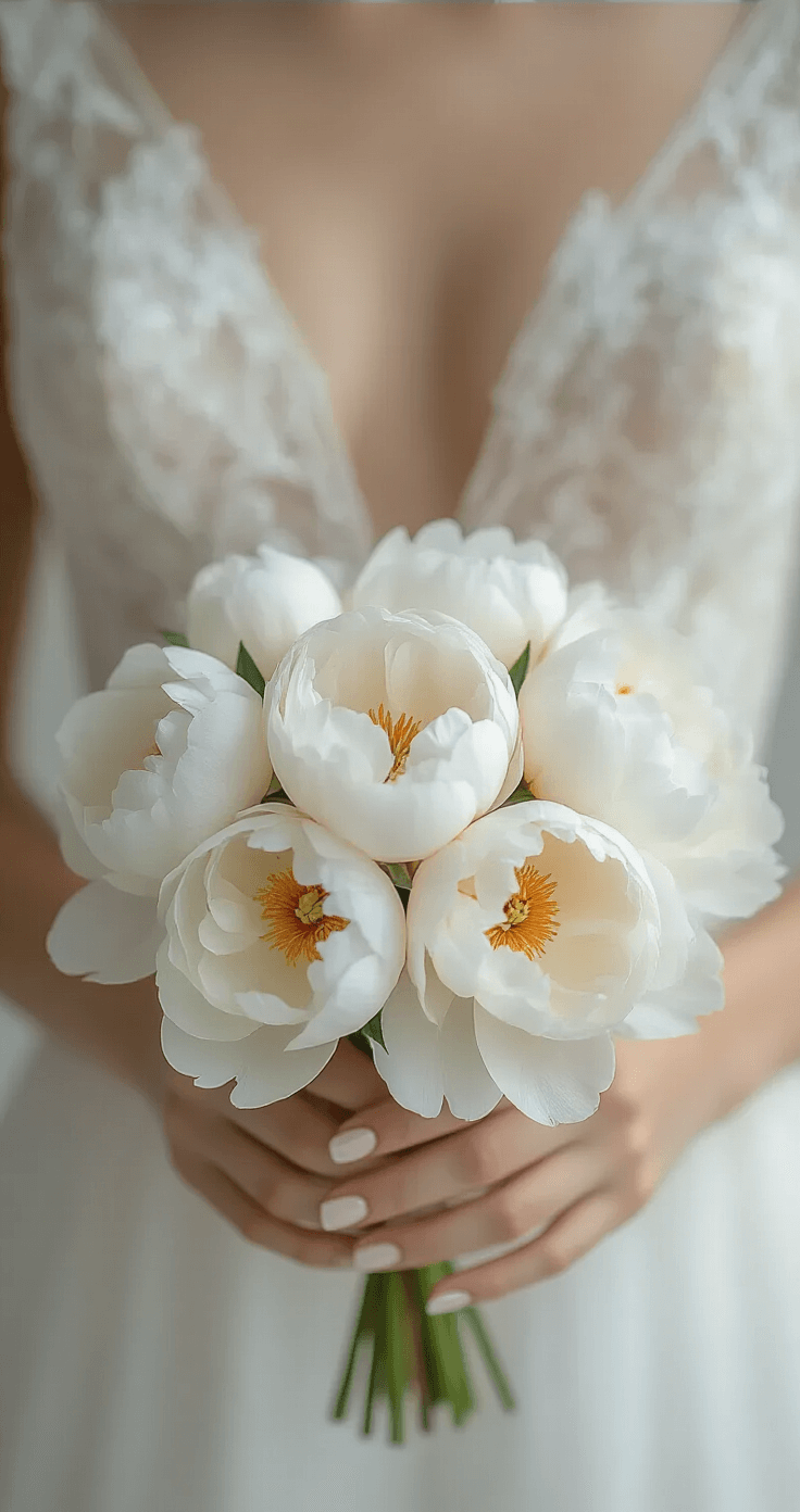 Close-up of bride's hands holding a delicate bouquet of white peonies against a clean white backdrop, showcasing naked nails with subtle geometric line work and a healthy shine, captured in soft, diffused lighting.