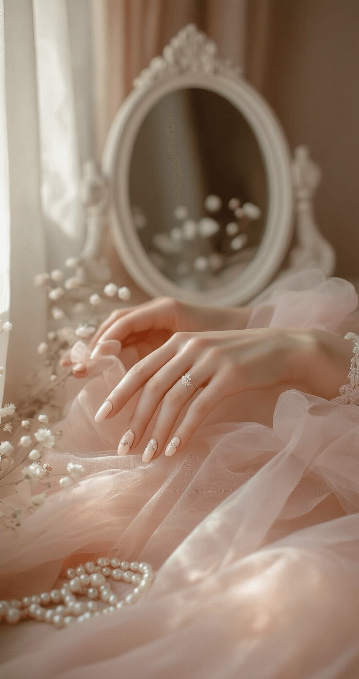 A close-up of hands resting on blush tulle fabric, showcasing graduated pink ombré nails adorned with tiny pressed dried flowers. A vintage vanity mirror and scattered pearl jewelry are visible, while soft morning light filters through sheer curtains, creating an ethereal atmosphere in a romantic pastel-toned dressing room.
