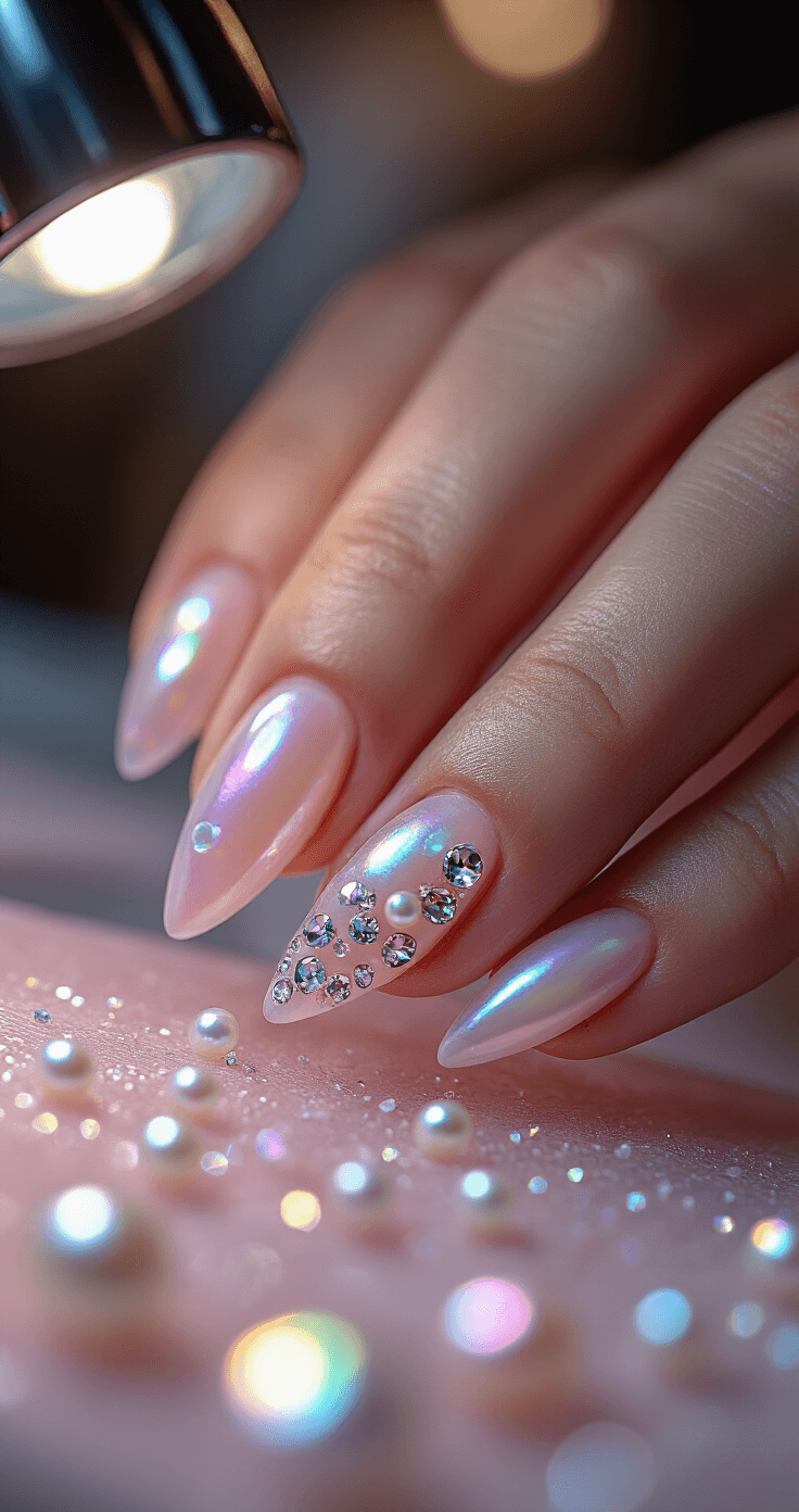 Extreme close-up of a modern nail studio showcasing industrial-chic elements, featuring a nail artist's hands applying iridescent pearls and crystals on a sheer pink base, with professional lighting illuminating the textured and sparkling details.