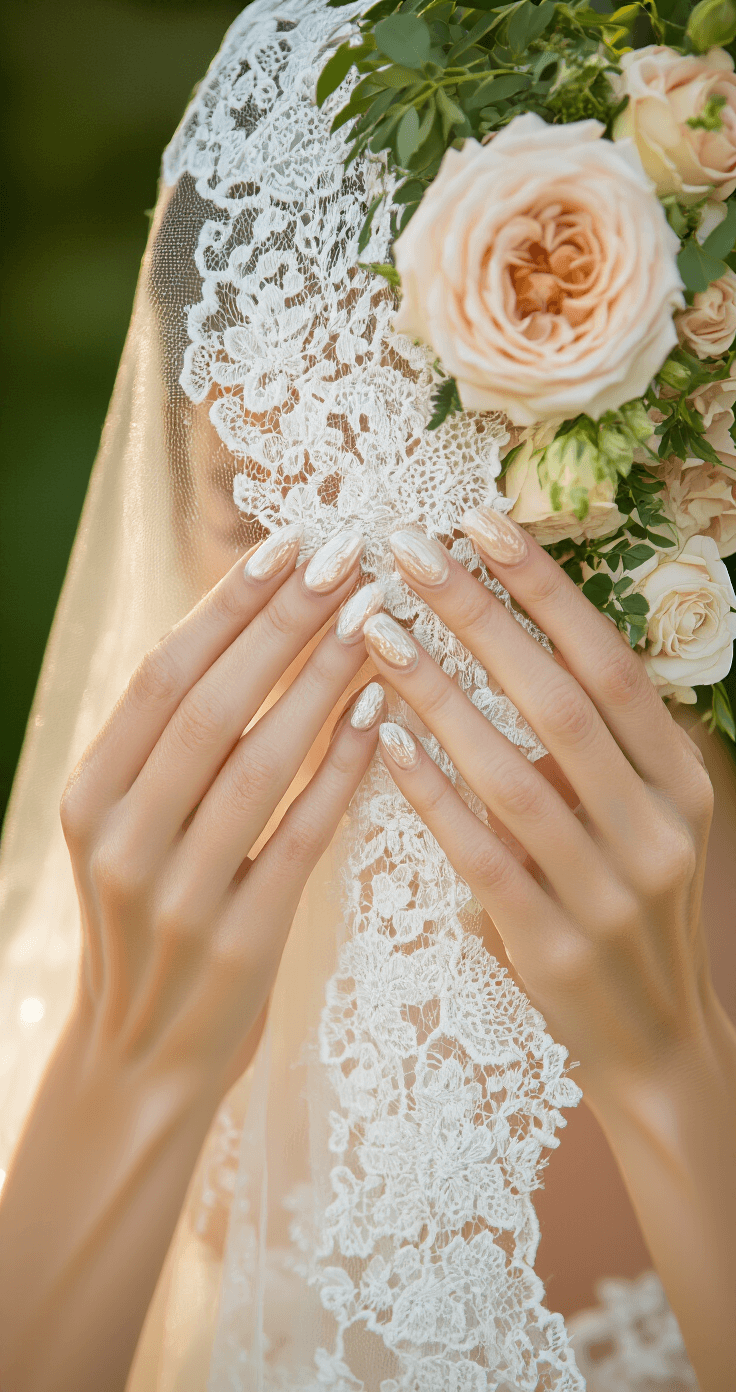 Bride's hands hold a vintage lace veil at sunset, showcasing soft champagne velvet-effect nails, surrounded by fresh garden roses and greenery, with golden hour backlighting creating an atmospheric glow.