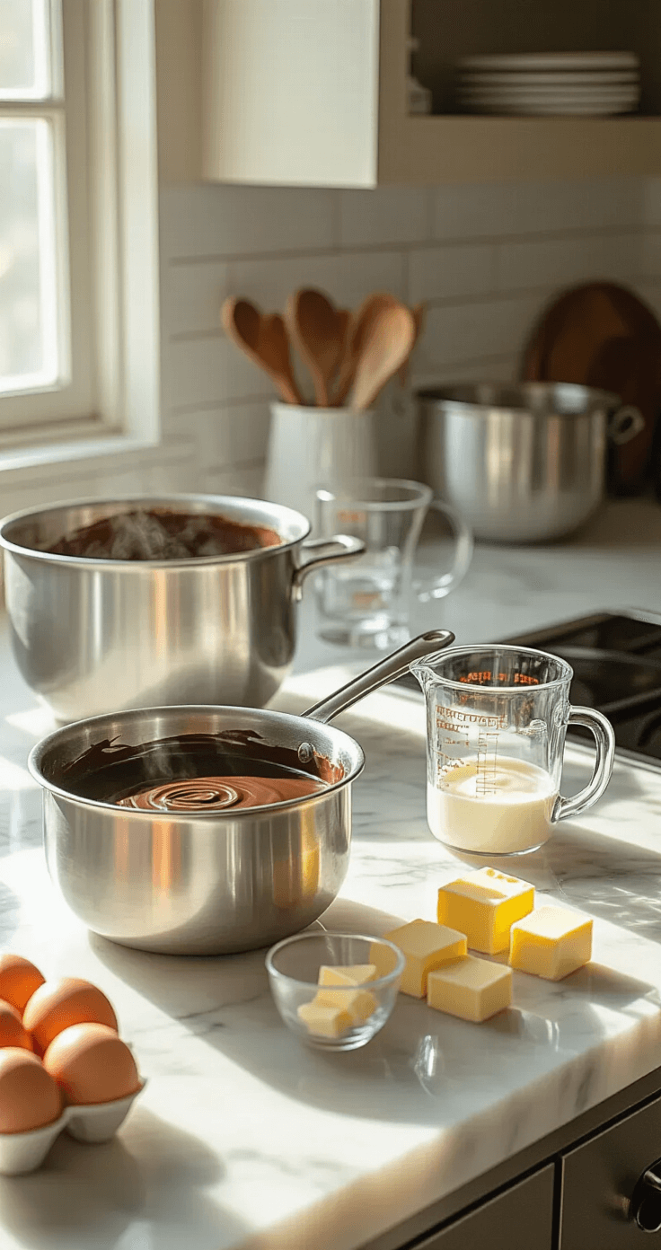 A professional kitchen with a marble countertop showcasing melting dark chocolate in stainless steel bowls, golden butter cubes, glass measuring cups of cream and separated eggs, all illuminated by soft natural light.