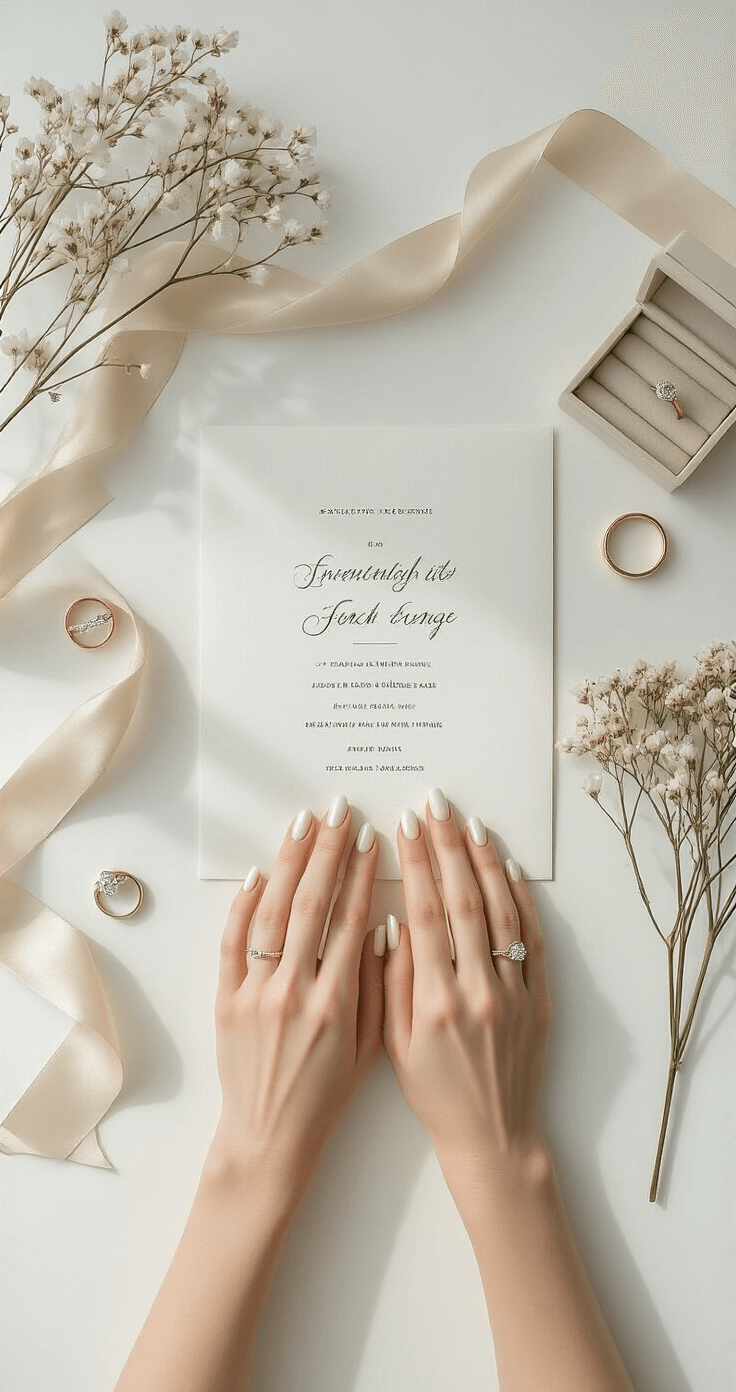 Flatlay of hands with a minimalist French manicure surrounded by wedding details including rings, an invitation suite, neutral-toned ribbon, and dried flowers on a bright white studio background, illuminated by natural overhead light.