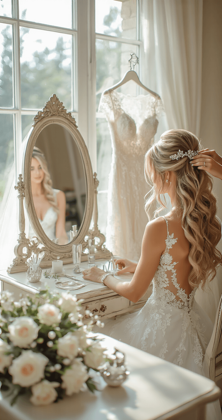 Ultimate Guide to Stunning Bridal Hairstyles for 2025: Your Dream Wedding Look Starts Here A bride at a vintage vanity, bathed in soft morning light, as her hairstylist creates romantic waves in her long blonde hair; her lace wedding dress hangs nearby, adorned with crystal hairpins and fresh white roses, capturing the intimate pre-wedding moment.