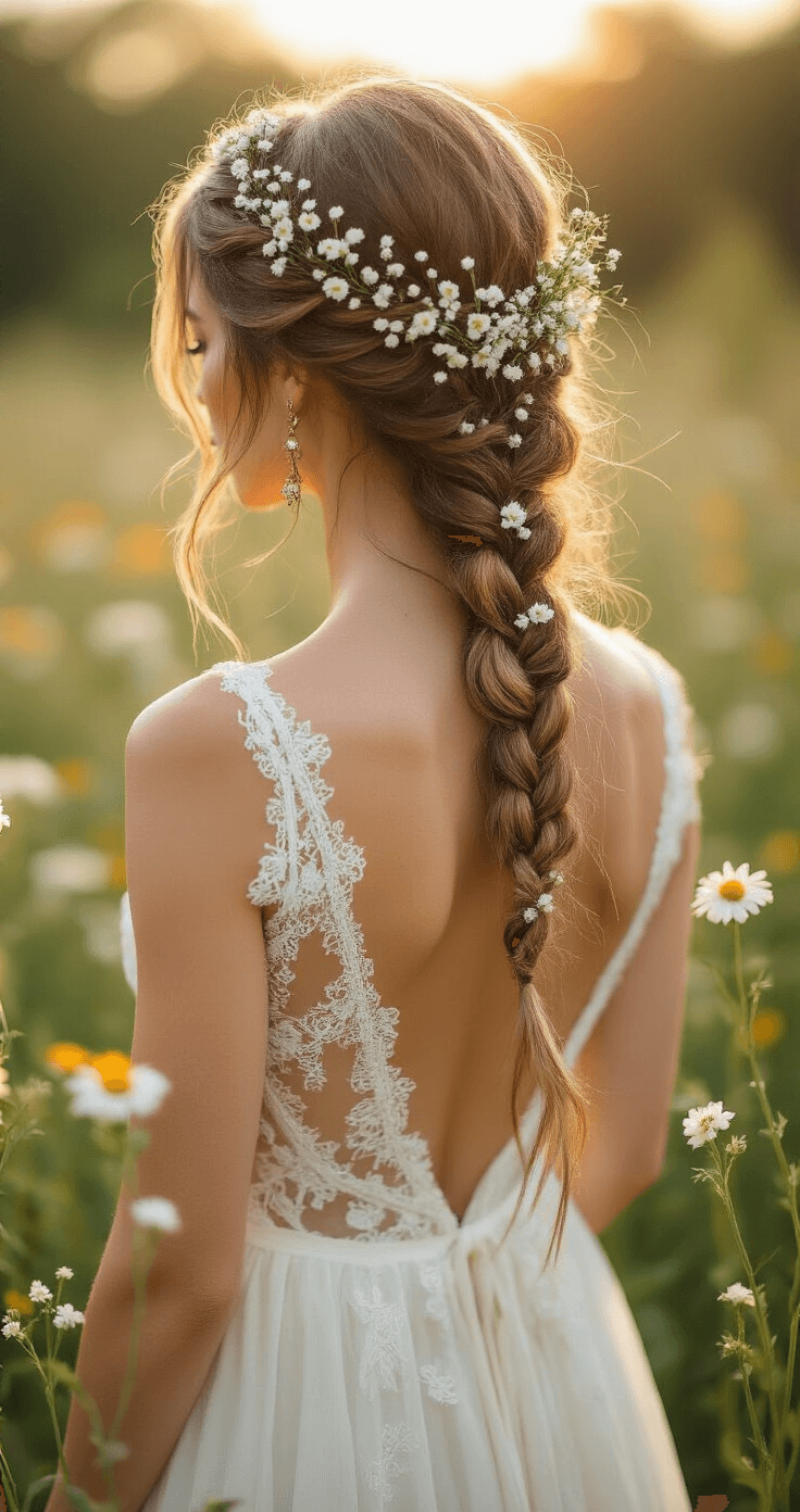 Ultimate Guide to Stunning Bridal Hairstyles for 2025: Your Dream Wedding Look Starts Here A bohemian bride in an outdoor garden with blooming wildflowers, showcasing an intricate braided crown adorned with baby's breath, as she poses in a flowing ivory dress with vintage lace details during golden hour lighting. The image captures the braiding technique from behind while also highlighting her profile in a second angle.