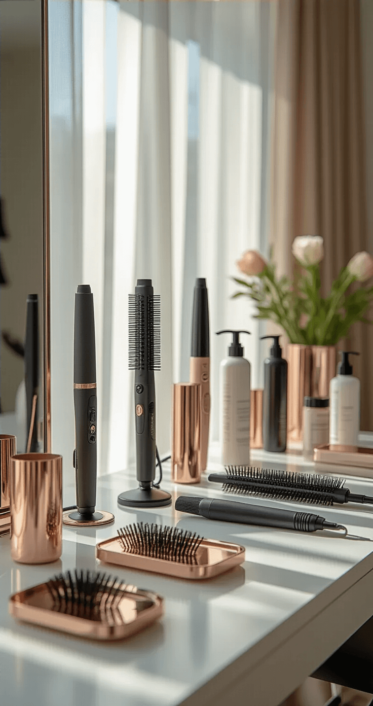 Ultimate Guide to Stunning Bridal Hairstyles for 2025: Your Dream Wedding Look Starts Here Professional styling station in a high-end salon featuring organized curling irons, brushes, and styling products on a sleek white counter, illuminated by morning light filtering through sheer curtains, with rose gold accessories enhancing the modern decor.