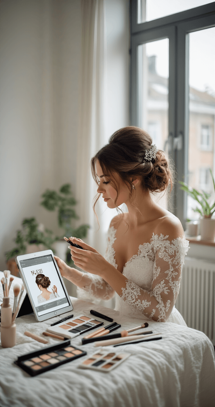 Ultimate Guide to Stunning Bridal Hairstyles for 2025: Your Dream Wedding Look Starts Here A bride in a contemporary minimalist bedroom practicing her DIY wedding hairstyle, surrounded by styling tools and tutorial screenshots on her tablet, with natural daylight enhancing the scene.