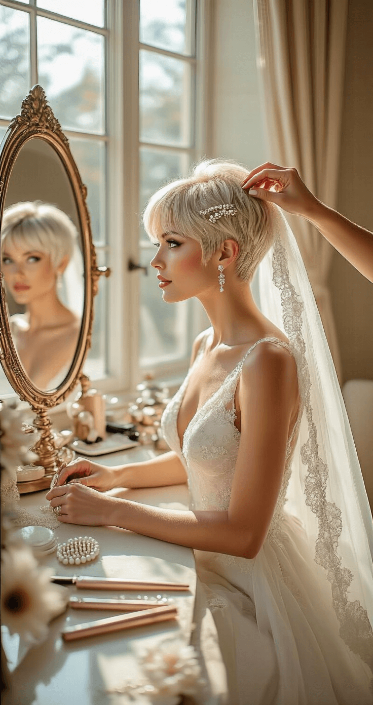A bride with a platinum blonde pixie cut sits at an elegant vanity in a sunlit bridal suite, as a hairstylist decorates her textured crop with pearl-encrusted clips, surrounded by premium styling tools and hair accessories.