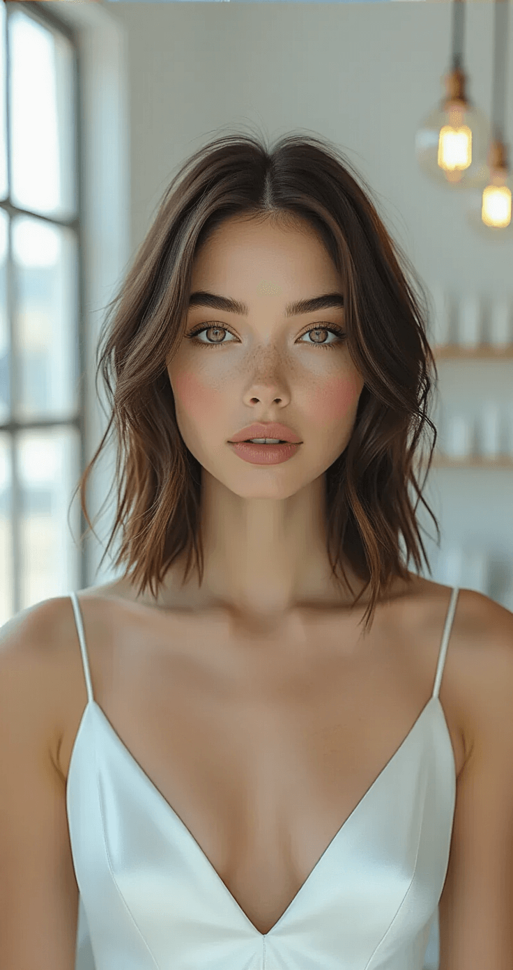 A bride with a chin-length bob hairstyle receives finishing touches in a modern minimalist salon featuring white marble surfaces and brass accents, with afternoon light illuminating her sleek hair and pearl-white slip dress.