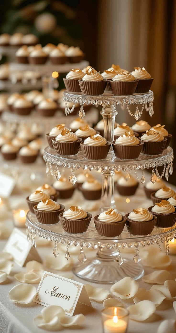 An elegant wedding dessert table featuring tiered crystal stands filled with chocolate mousse cups, adorned with edible gold leaf and surrounded by white rose petals and glowing tea lights.
