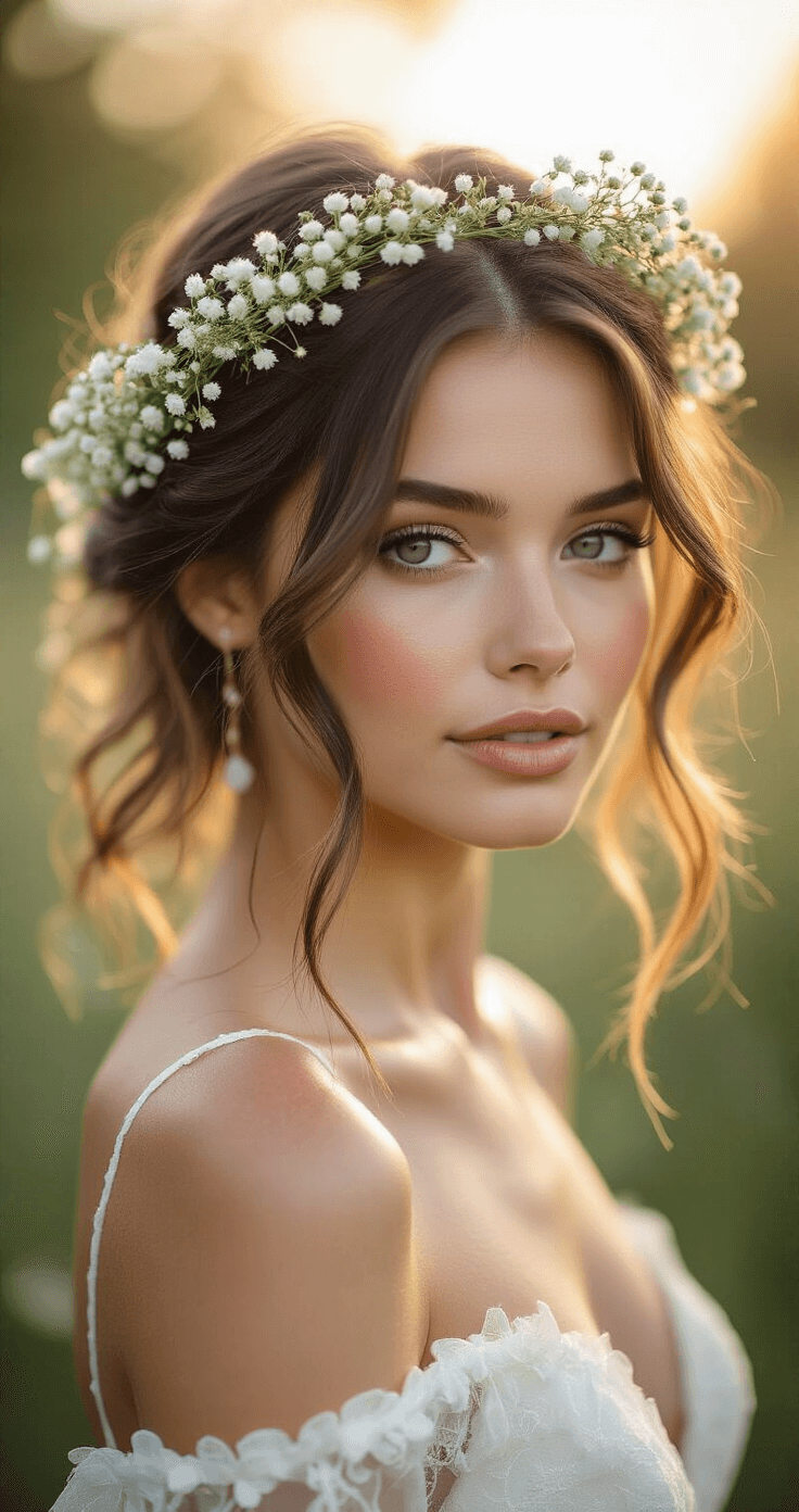 A bride with a tousled lob and a flower crown of baby's breath and white roses poses in an intimate garden during golden hour, her hair glowing in a halo effect as soft sunset light filters through floral elements, with a dreamy bokeh background of sage and blush tones.