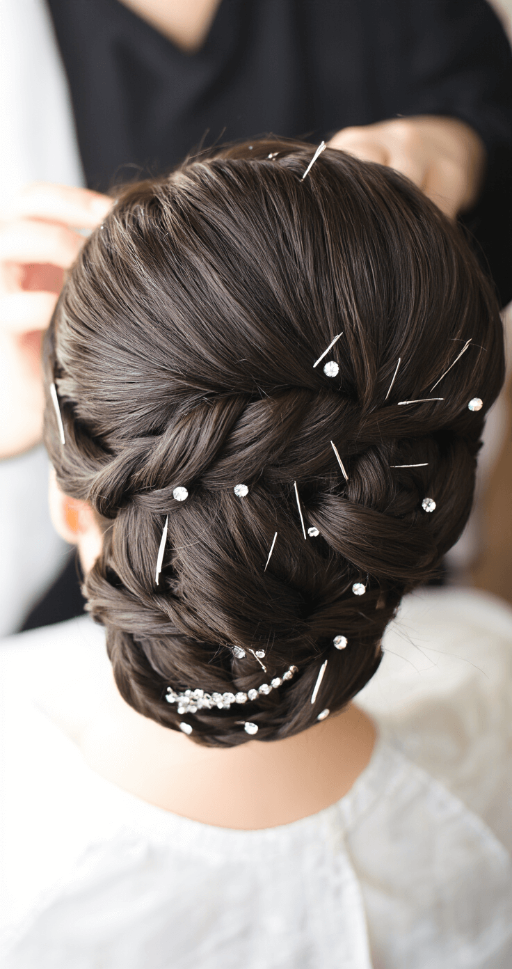 Close-up of a professional styling station showcasing an intricate updo on short dark hair, featuring multiple mini twists secured with invisible pins, with crystalized hair accessories in view and detailed texture work illuminated by overhead lighting.