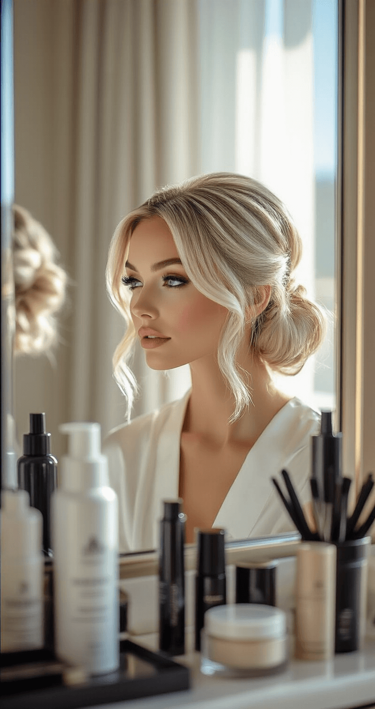 A bride with a platinum blonde bob styles her hair in a luxe hotel suite, surrounded by professional products and tools, as reflected in a vanity mirror.