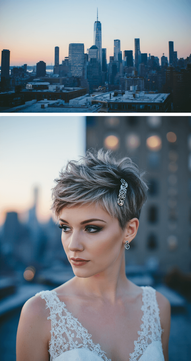 A bride with a textured pixie cut adorned with mixed metal hair accessories stands on an urban rooftop at blue hour, receiving final styling touches. The city skyline looms in the background, illuminated by cool evening light and warm artificial lighting, creating a sophisticated editorial look.