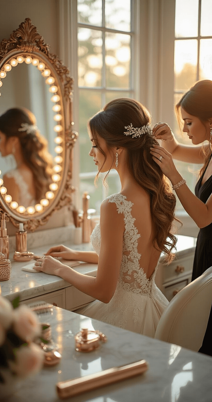 A bride in an ivory lace gown sits at an elegant vanity in a sunlit bridal suite, with her hairstylist creating soft waves in her hair. Crystal-encrusted hair pins shimmer in the golden hour light, while rose gold styling tools and pearl accessories are neatly placed on the marble countertop.