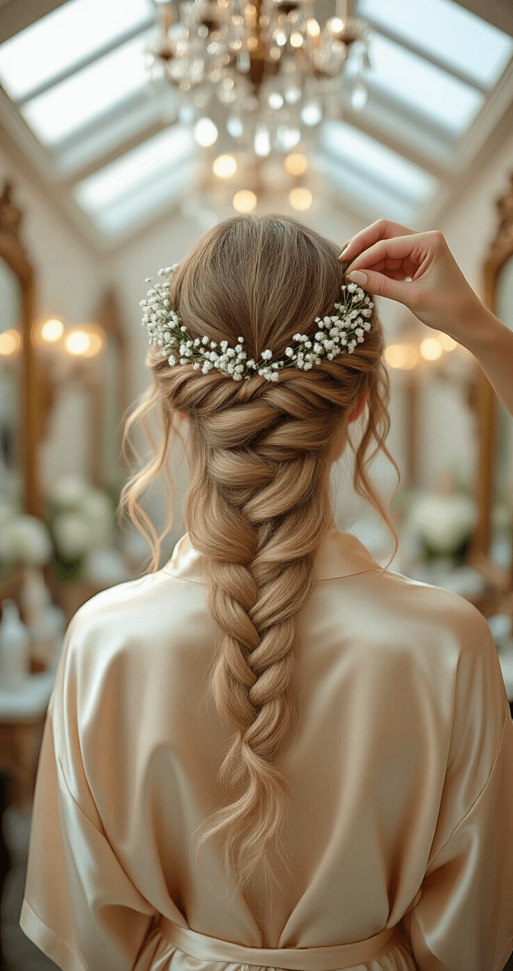 Close-up of a bride with waist-length blonde hair styled in a bohemian crown braid, adorned with fresh baby's breath and tiny white roses, wearing a champagne-colored silk robe in a luxury salon illuminated by soft morning light, with vintage brass mirrors and crystal chandeliers in the dreamy background.