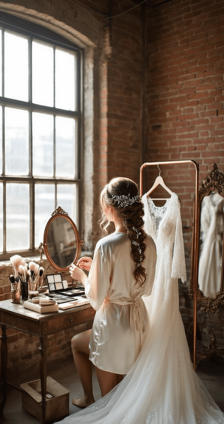 Bride in an ivory silk robe having her hair styled in a dramatic fishtail braid adorned with silver leaves and crystals in a rustic-chic room with exposed brick walls and vintage furnishings, while a traditional lace gown hangs nearby.