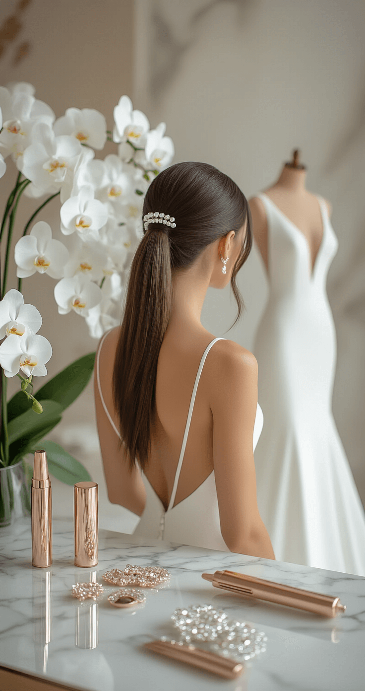 A contemporary bridal boutique featuring marble floors and white orchids, showcasing a bride with a sleek low ponytail adorned with a pearl-wrapped base and loose face-framing strands. Nearby, a modern minimalist gown hangs, complemented by rose gold styling tools and crystal hair accessories arranged on a mirrored table, all captured with soft, even lighting highlighting the glossy finish of the hair.