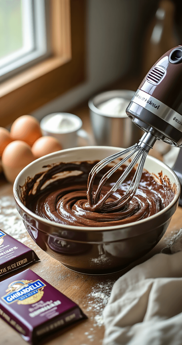 Close-up of rich chocolate brownie batter being mixed in a glossy ceramic bowl, with natural light highlighting the mixture's swirls, an electric mixer creating ribbons in the batter, and Ghirardelli chocolate packaging and fresh ingredients arranged nearby.