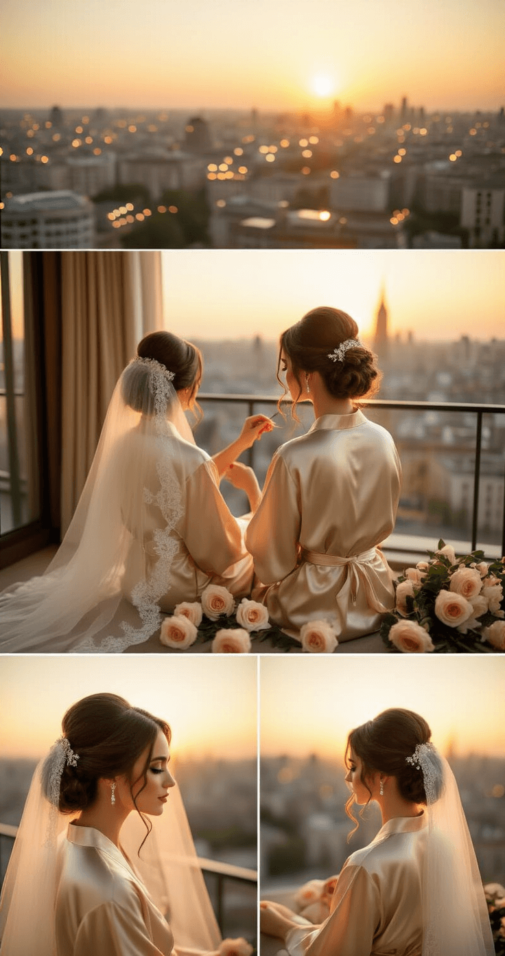 A bride in a champagne-colored silk robe sits on an elegant hotel suite terrace at sunset, as her stylist perfects a romantic chignon hairstyle adorned with loose, face-framing pieces. Nearby, a traditional lace-trimmed veil, scattered roses, and crystal hair pins add beautiful details, all illuminated by the warm golden hour light. Multiple angles capture the intricate details of her updo.