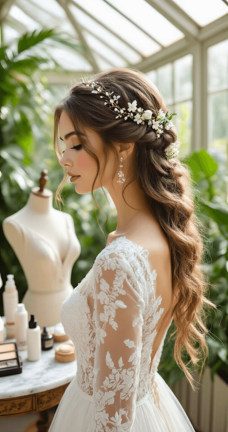 A bride with soft waves in a half-up crown braid adorned with fresh flowers and pearl pins stands in a bright conservatory filled with tropical plants. Her bohemian lace dress drapes on a vintage dress form, while styling products are neatly arranged on a marble side table, illuminated by natural morning light streaming through glass panels.