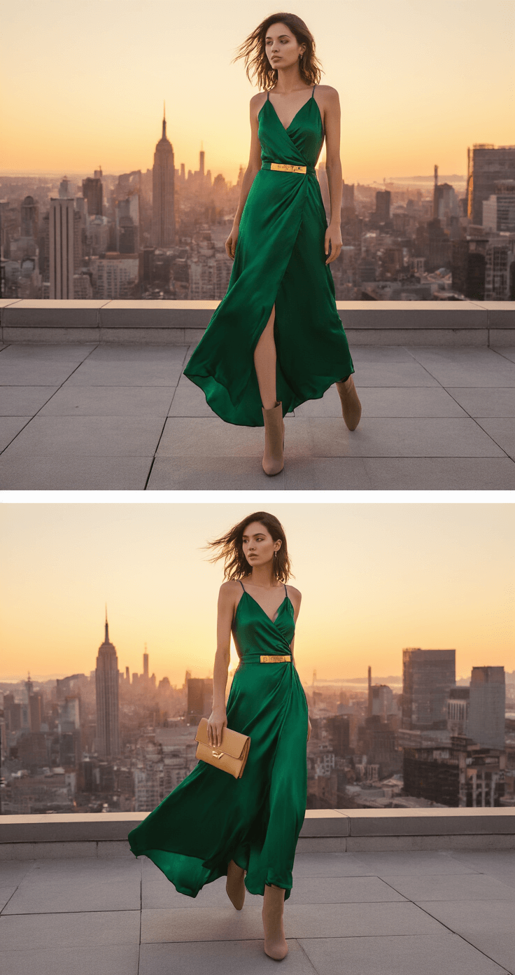 A woman in an emerald green silk charmeuse wrap dress, cinched with a gold-toned belt, stands on a rooftop terrace at sunset, with an urban skyline behind her. She wears nude suede ankle boots and holds a matching leather clutch. The wind creates movement in her dress, and dramatic lighting highlights the rich jewel tone against the warm glow of the cityscape, captured from street level looking up.