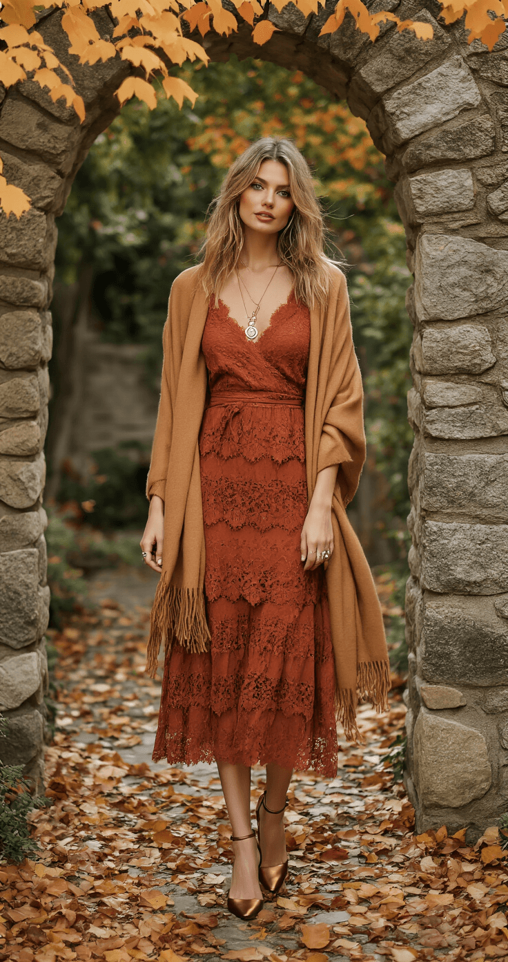 A woman in a rust-colored lace midi dress and camel cashmere wrap stands in an autumn courtyard with rustic stone walls, surrounded by falling leaves. She wears bronze metallic block heels and vintage-inspired jewelry, with her hair styled in loose waves, gently swaying in the breeze. The scene is illuminated by soft, natural lighting under a cloudy sky, captured in a wide-angle shot that showcases the full setting.
