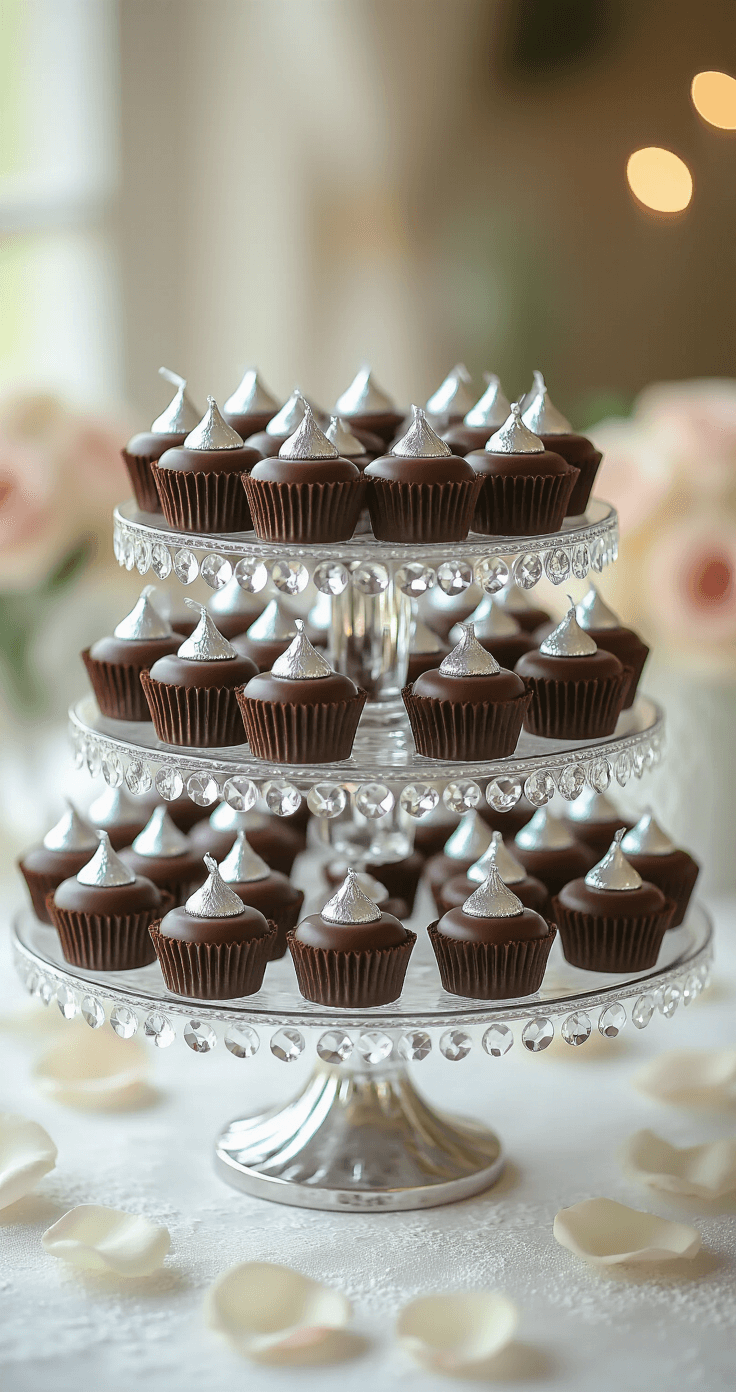 Elegant tiered crystal cake stand filled with brownie bites topped with Hershey's Kisses, set on a white lace tablecloth with rose petals and powdered sugar, softly lit for a dreamy wedding display.