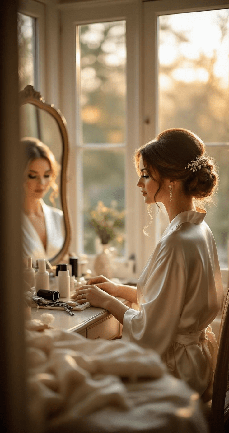 A bride in an ivory silk robe sits at an elegant vanity, her hairstylist creating a romantic chignon updo as golden morning light streams through floor-to-ceiling windows, capturing a dreamy atmosphere filled with soft bokeh.