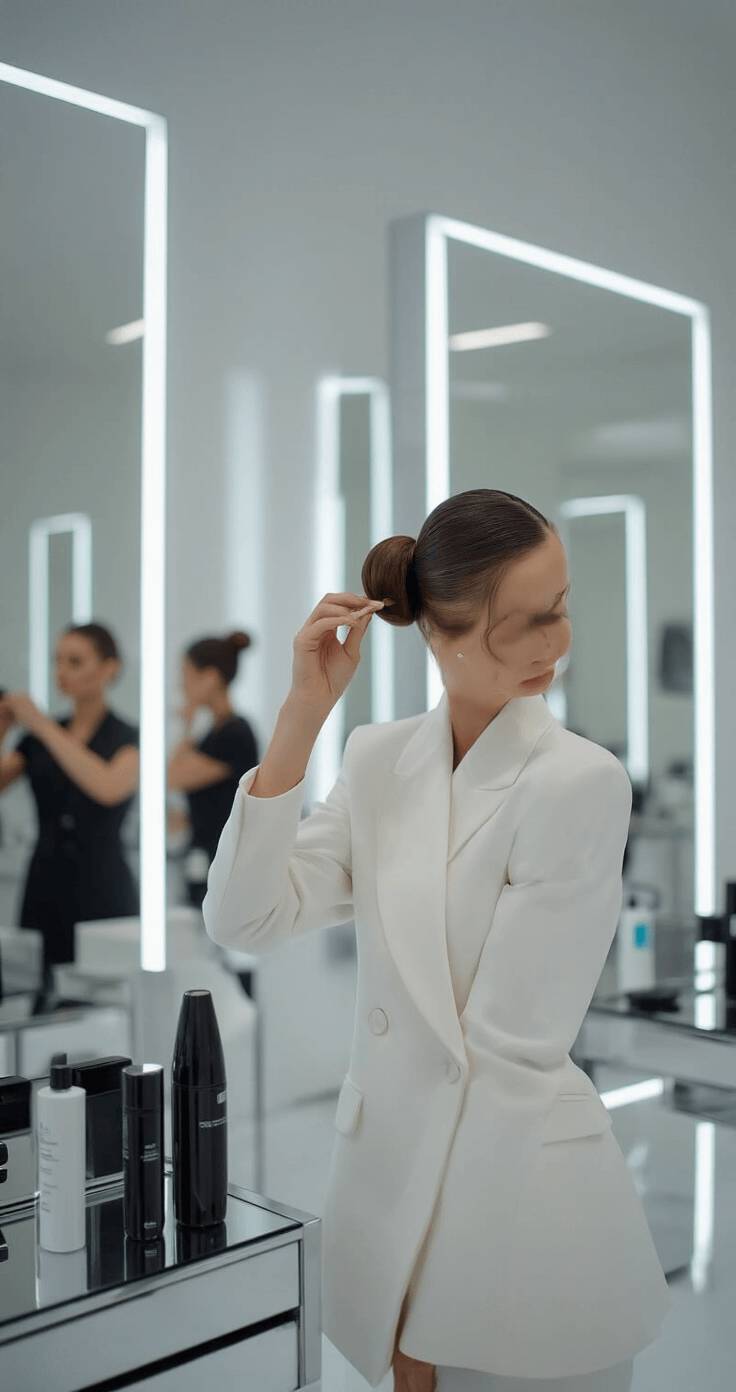 Modern minimalist salon interior with clean white walls and large mirrors; a model in a structured white blazer dress poses as a hairstylist demonstrates a sleek bun technique using premium tools, with chrome and glass surfaces reflecting sophisticated studio lighting.
