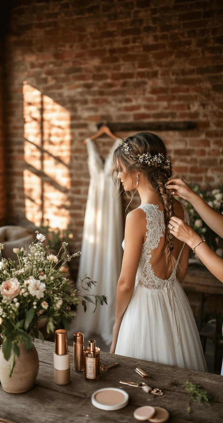 A bohemian bride with a braided updo adorned with wildflowers and baby's breath is having her hairstyle styled in a rustic-chic room featuring exposed brick walls. Soft afternoon light casts warm shadows around vintage furniture, with her lace-trimmed dress hanging nearby and rose gold accessories arranged on a wooden table. The image is captured from behind to highlight the intricate braiding pattern.