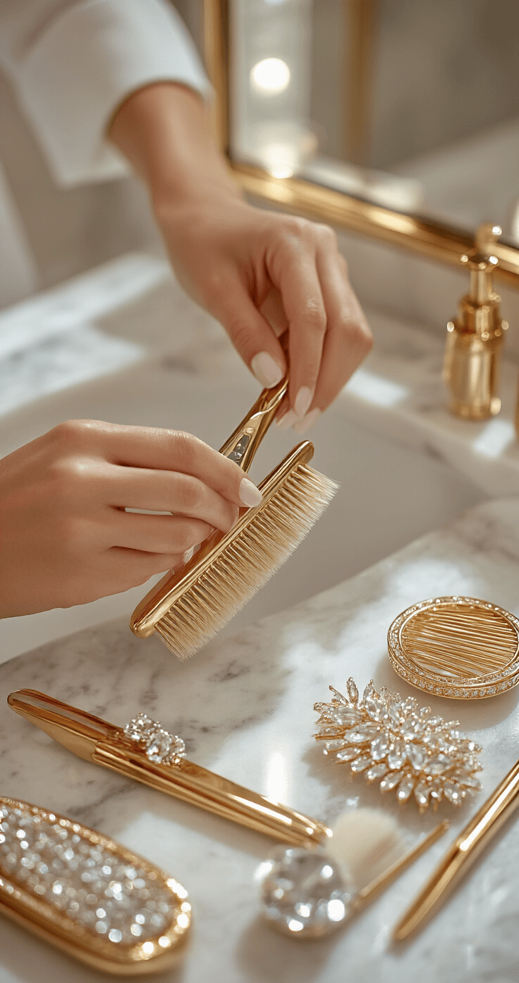 Close-up of a luxury hotel suite bathroom featuring gleaming marble surfaces and soft vanity lighting, with hands styling hair using a Mason Pearson brush, gold bobby pins, and premium hairspray, while a crystal hair accessory is positioned in a half-finished updo.