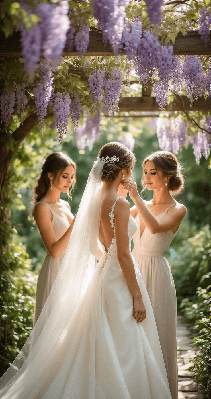 A bridesmaid adjusts the bride's French twist updo adorned with vintage crystal pins under a wisteria-draped garden pavilion, with dappled sunlight illuminating the scene; the bride's ivory silk gown flutters gently in the breeze alongside her delicate veil.