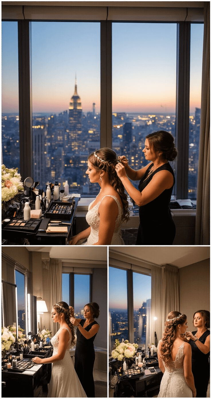 Elegant bridal suite during magic hour with city lights twinkling through large windows, featuring multiple styling stations with professional tools, fresh flowers, and luxury hair products. A lead stylist creates a braided crown updo while an assistant takes progress photos, captured in a documentary-style wide shot of the pre-wedding preparations.