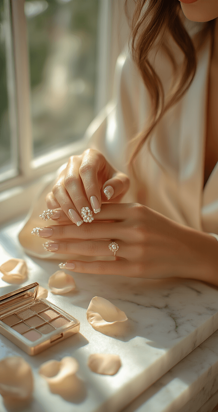 A close-up of a bride's manicured hands with rose gold French tips, delicately holding a vintage pearl hairpin against a cream silk robe, on a marble vanity scattered with rose petals and a luxury nail care kit, illuminated by natural morning light.