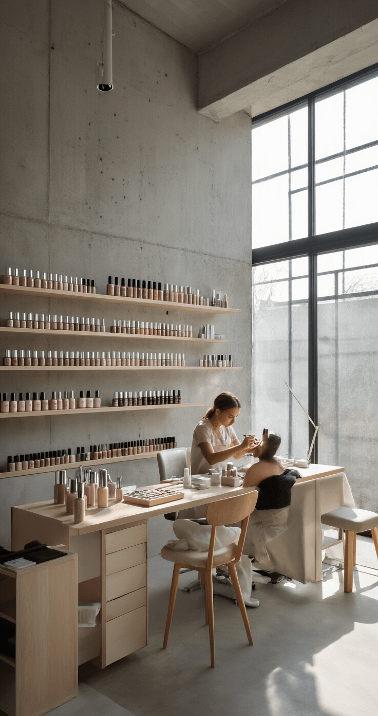 A minimalist nail studio features concrete walls and Scandinavian furniture, with an artist applying chrome nail polish to a client's almond-shaped nails. Afternoon sunlight streams through industrial windows, highlighting the metallic finish, while organized shelves display various warm-toned nude polish bottles. The image is captured from a 45-degree angle, focusing on the precise application technique.