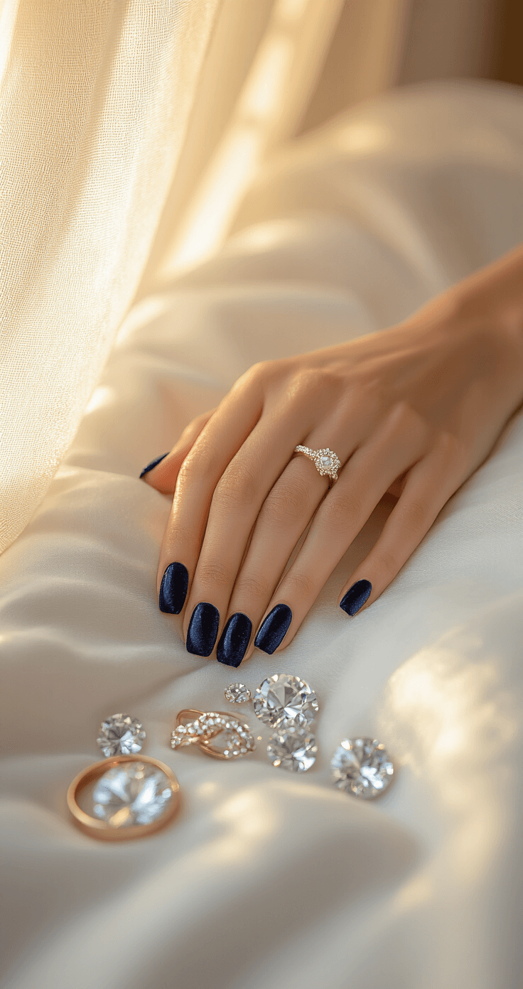 A bride's hands with navy blue velvet-effect nails and pearl embellishments resting on a plush white duvet, surrounded by diamond-like crystals and an engagement ring, illuminated by warm sunset light filtering through sheer curtains.