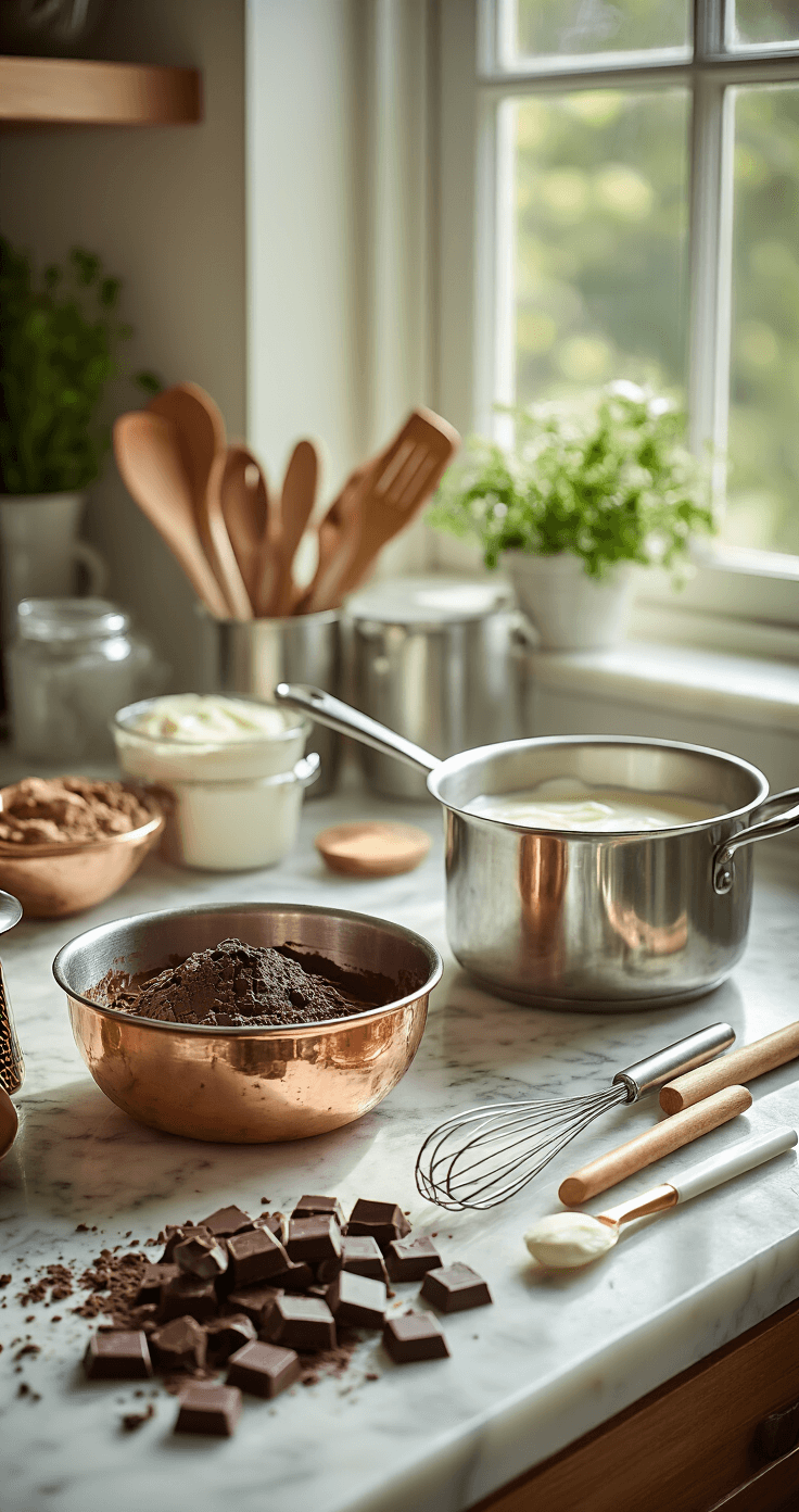 A sunlit kitchen with a marble countertop features finely chopped dark chocolate in a copper bowl, fresh cream simmering in a stainless steel saucepan, and pastry tools like a thermometer and spatula, all illuminated by natural light streaming through a window.