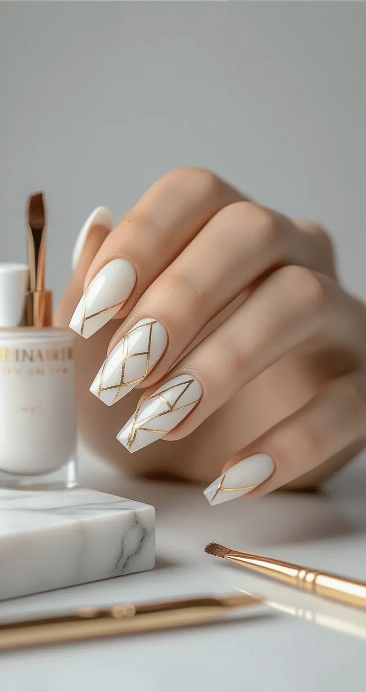 Close-up of coffin-shaped nails with minimal geometric gold leaf art at a contemporary white marble nail bar, featuring high-end nail products in soft focus against a light grey background, illuminated by diffused studio lighting.
