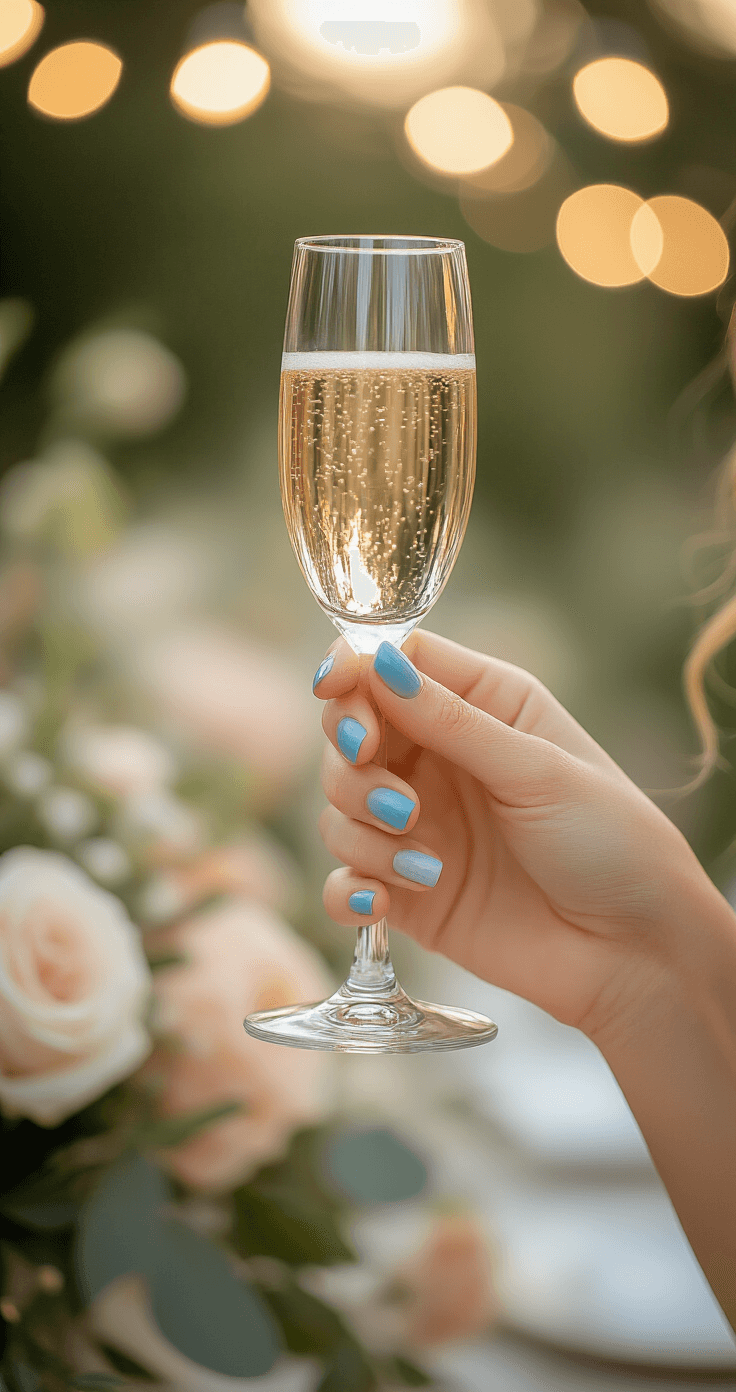 A bridesmaid's hands elegantly hold a delicate champagne glass, showcasing squoval nails with a subtle blue ombré French tip. The late afternoon light casts a romantic glow, while blurred floral arrangements and fairy lights in the background enhance the outdoor garden wedding atmosphere.
