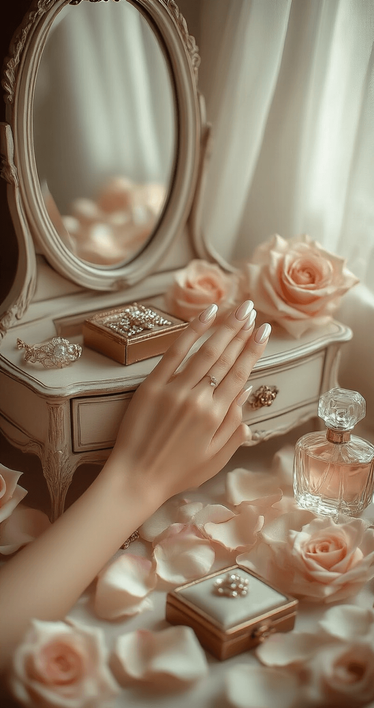 Vintage boudoir scene featuring an antique vanity with elegantly arranged hands showcasing pearlescent almond-shaped press-on nails, surrounded by silk rose petals, vintage jewelry boxes, and crystal perfume bottles, all illuminated by soft, diffused window light, conveying a luxurious and romantic atmosphere.