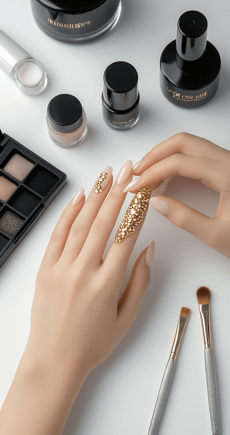 Close-up of hands receiving 3D nail art at a modern salon, featuring tiny gold embellishments on a nude base, with matte black accents and premium tools arranged in the background.